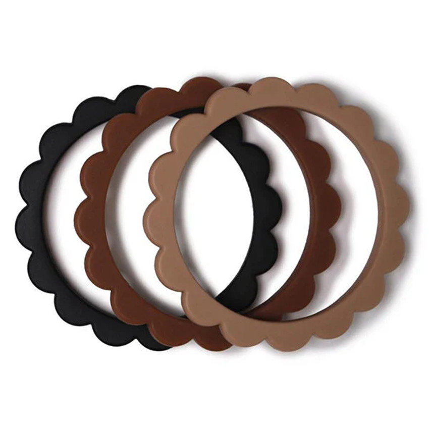 Anneau de dentition bracelets Fleurs Noir/Naturel/Caramel 3pcs  