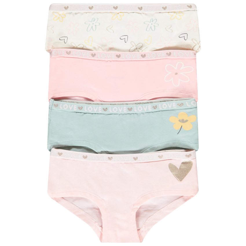 Lot de 4 shorties fantaisie motifs fleurs/cœurs pour fille 