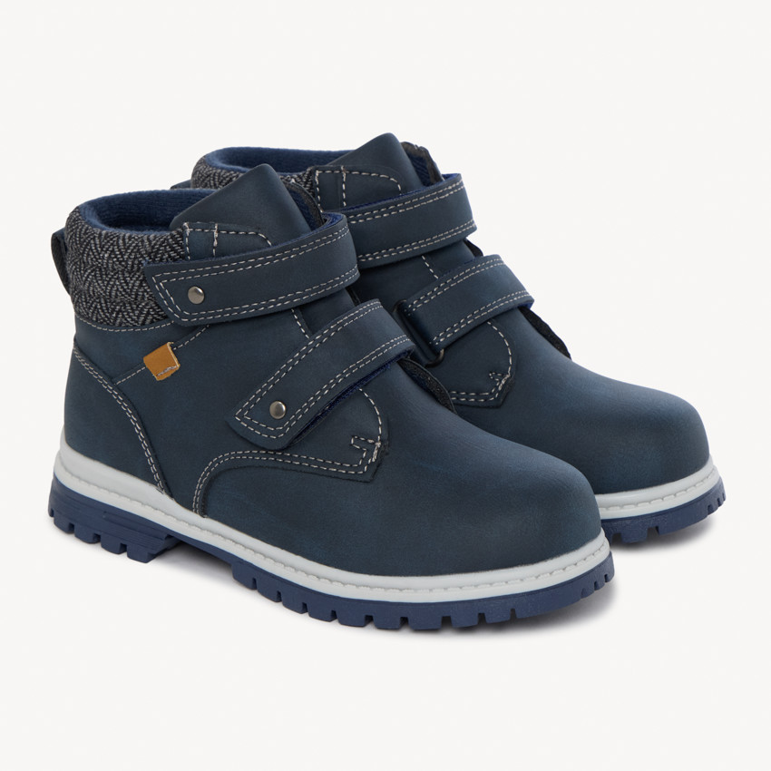 Navy bottines met dubbele velcro en textiele kraag voor jongens 