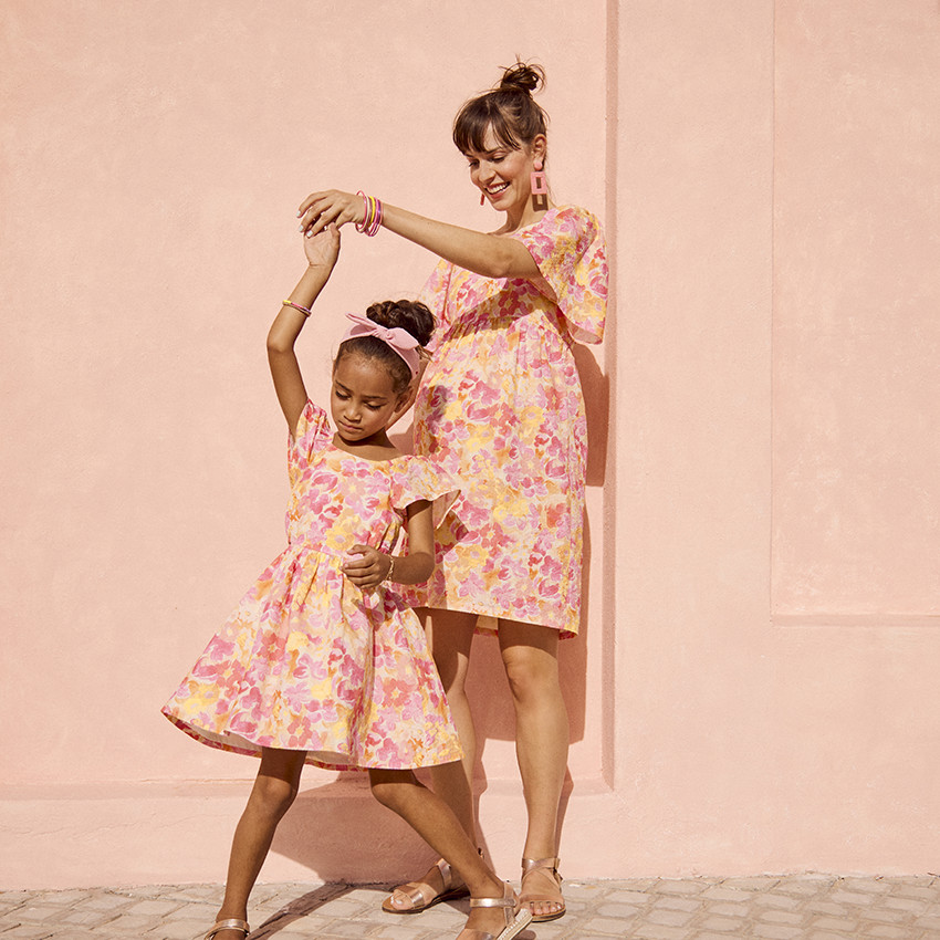 Korte mouwen jurk in seersucker met bloemenprint voor meisjes 