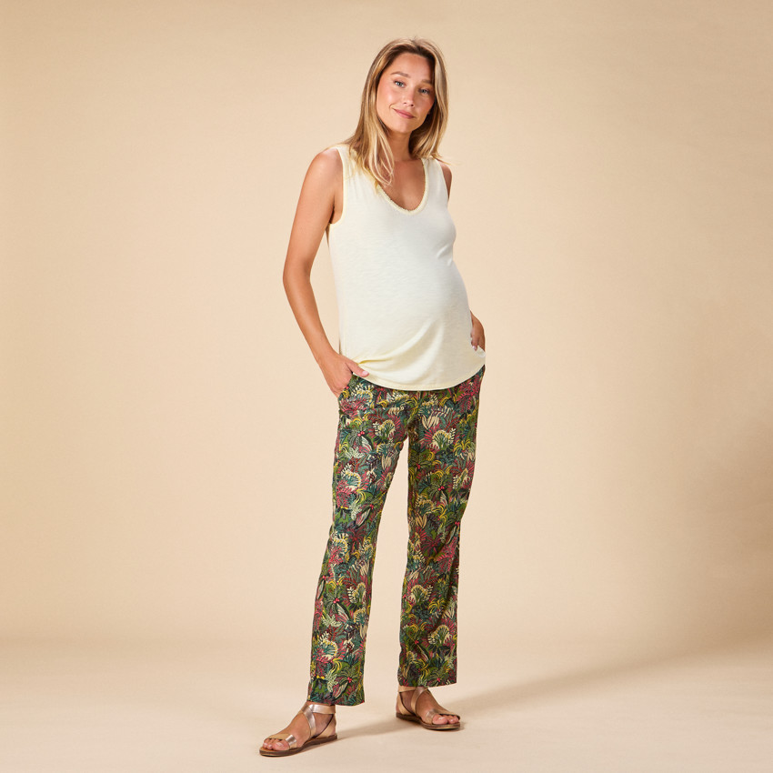 Pantalon large et fluide avec ceinture à nouer imprimé feuillage pour femme 