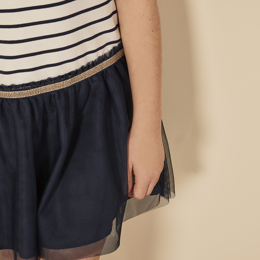 Robe manches courtes bi-matière effet 2 en 1 rayée pour fille 