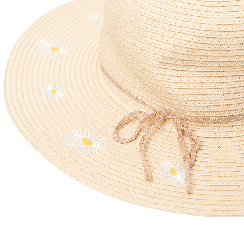 Capeline effet paille tressée avec fleurs brodées pour fille 