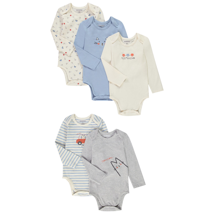 Lot de 5 bodies en jersey manches longues print petit matou pour bébé garçon 