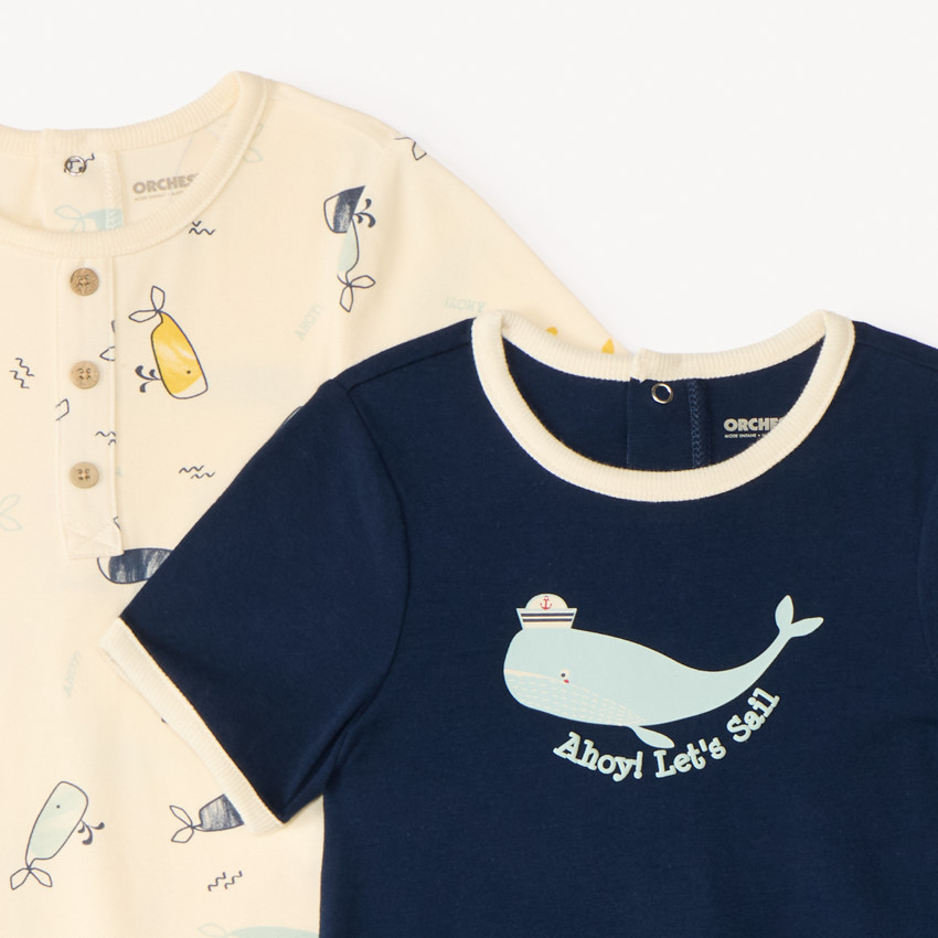 Lot de 2 combinaisons courtes en maille motifs baleines pour bébé garçon 