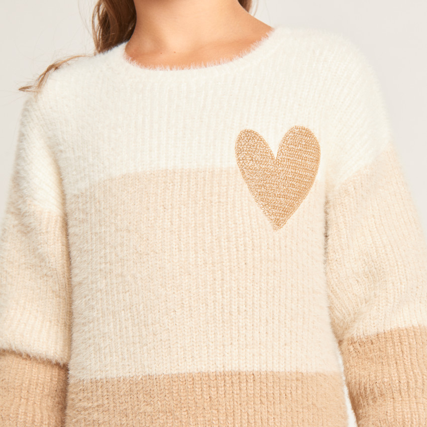 Gebreide jurk met fluffy colour block effect voor meisjes, met lange mouwen, ronde hals en gouden paillettenhart op de voorkant 