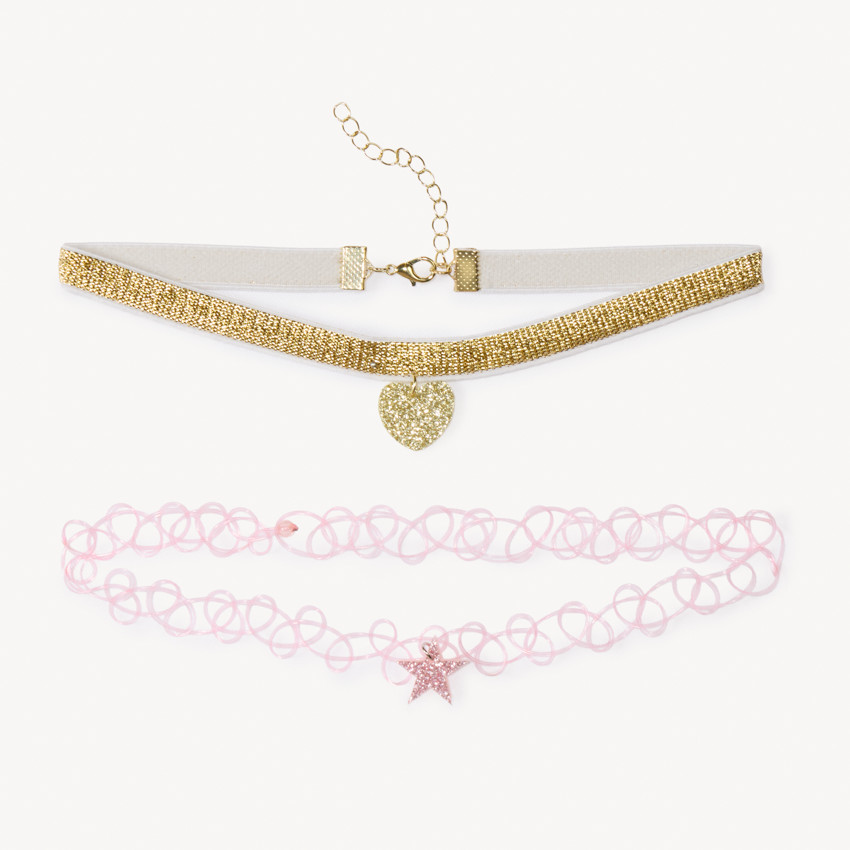 Set van 2 fantasie chokerkettingen voor meisjes met glinsterende hart- en stervormige hangers 
