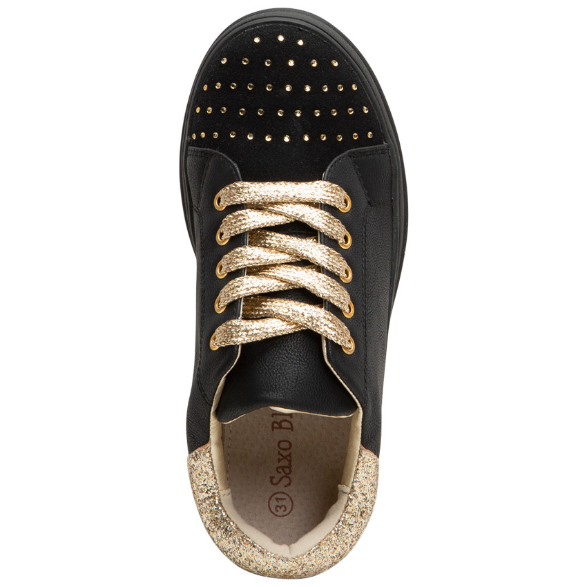 Sneakers met ledereffect, strassteentjes en gouden veters 