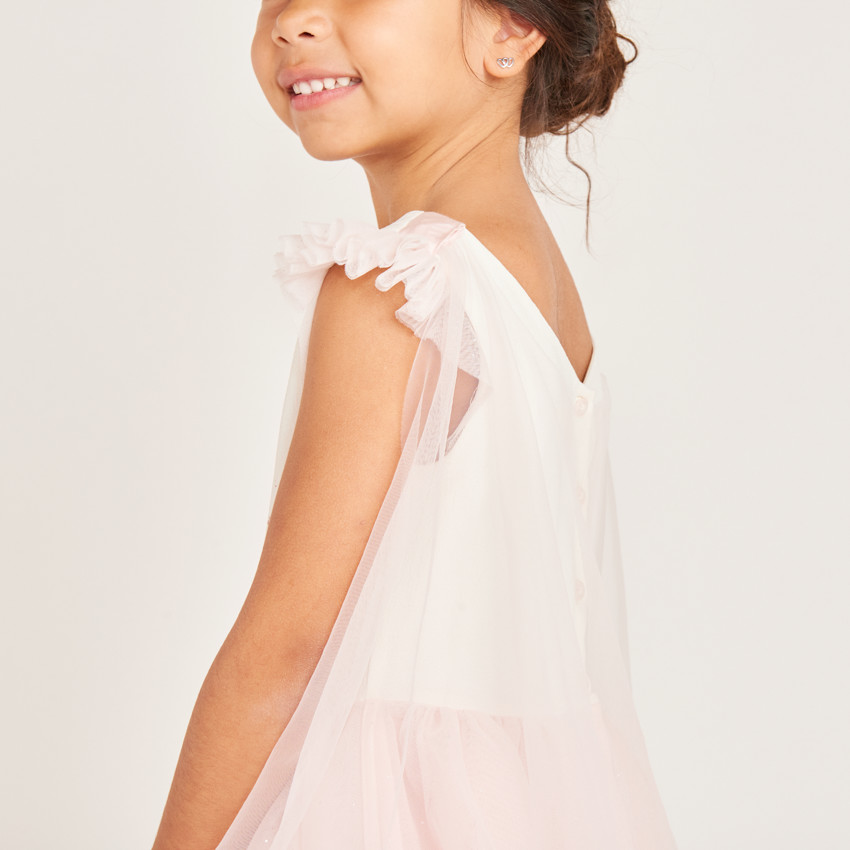 Robe bi-matière avec sa cape en tulle et sa couronne pour fille 
