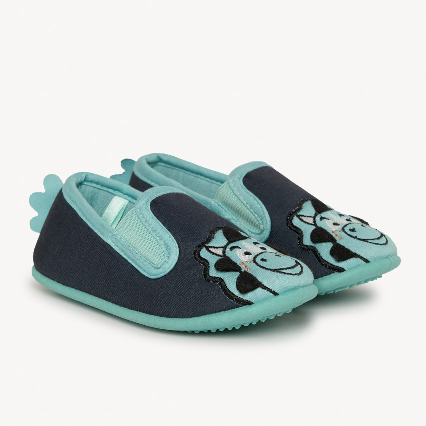 Chaussons bas noir et bleu brodé dinosaure pour garçon  