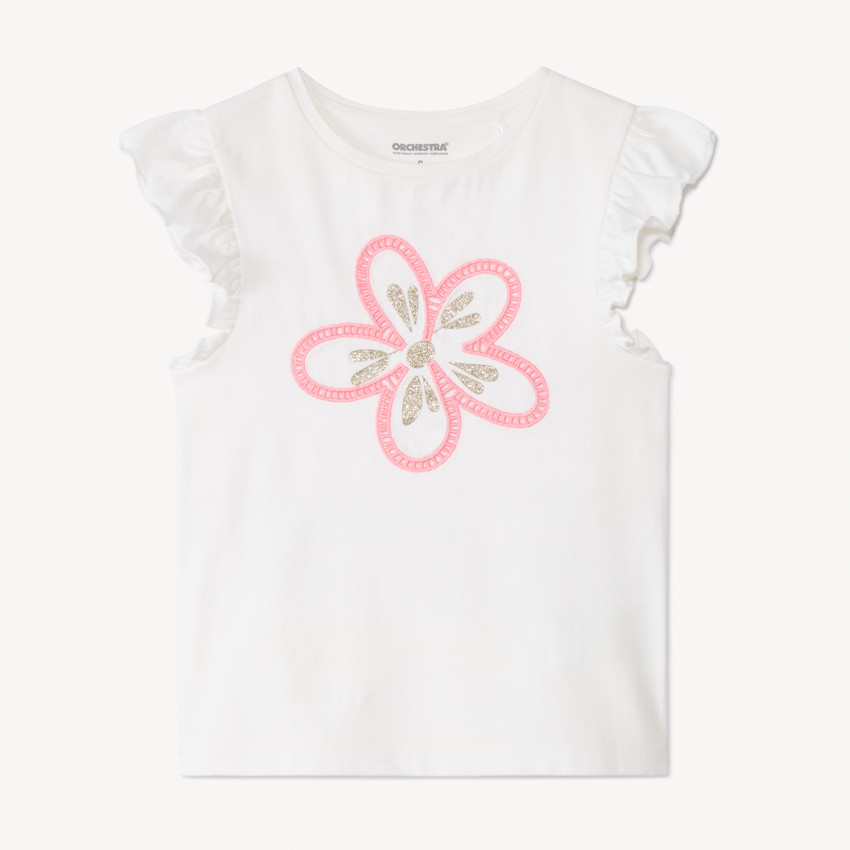 T-shirt manches courtes à fleur brodée et ajourée pour fille 