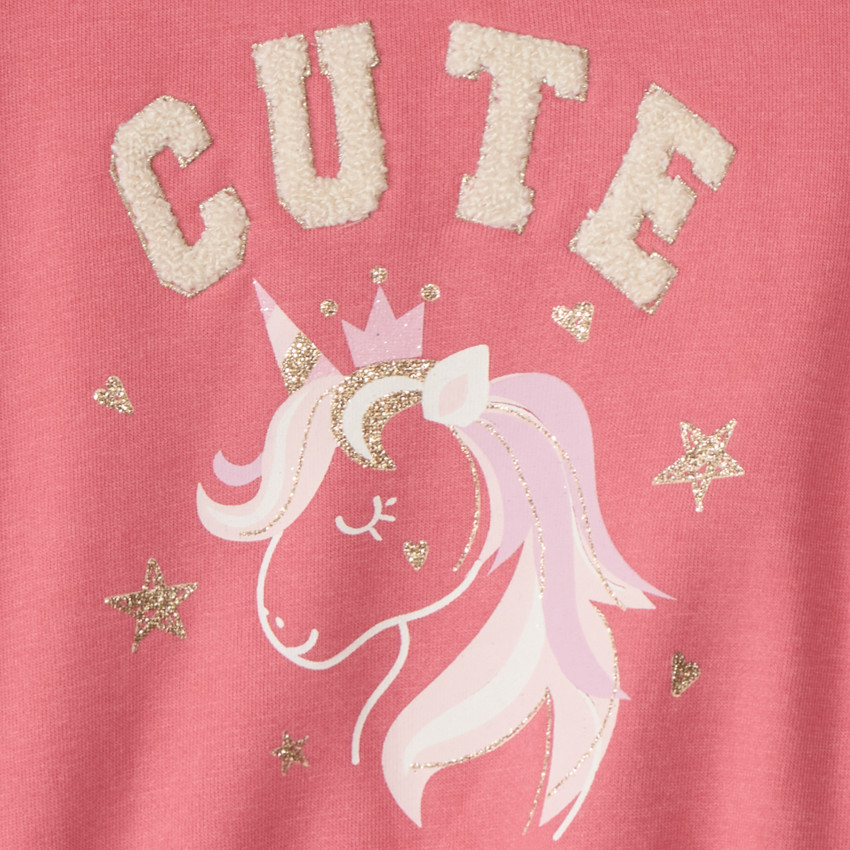 Sweatshirt in fleece met glinsterende eenhoornprint en geborduurde details voor babymeisje 