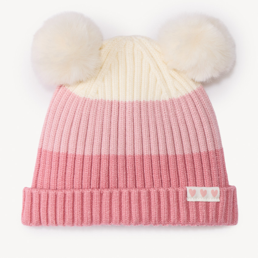 Bonnet en tricot côtelé avec pompons pour bébé fille 