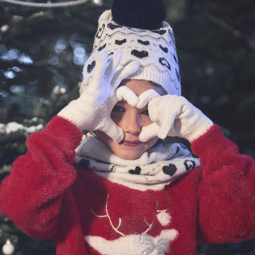 Ensemble bonnet + snood en tricot fantaisie avec pompon pour fille 