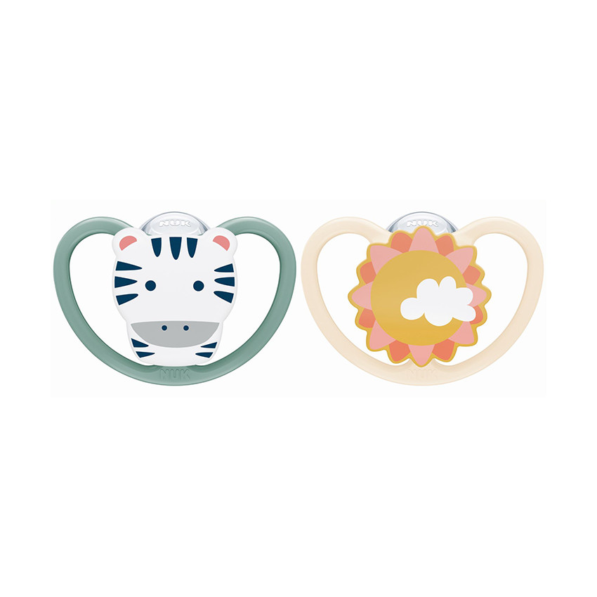 Lot de 2 sucettes en silicone 6-18M Space zèbre/soleil 