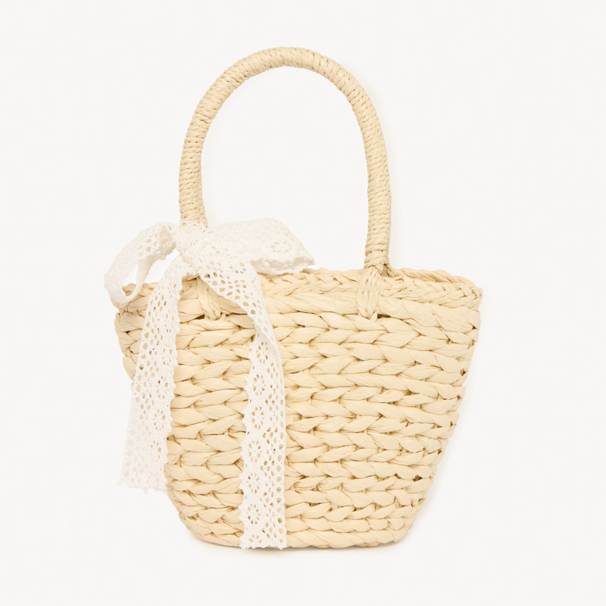 Sac panier en paille tressée avec nœud en broderie pour fille 