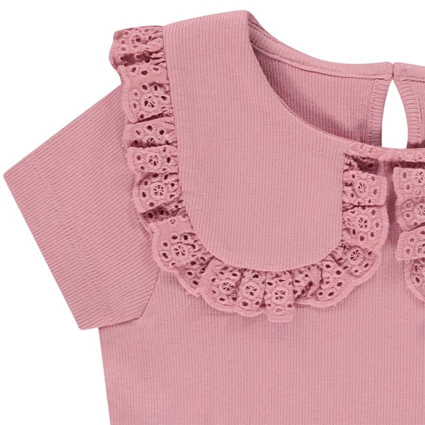 T-shirt manches courtes côtelé à col claudine brodé pour fille 