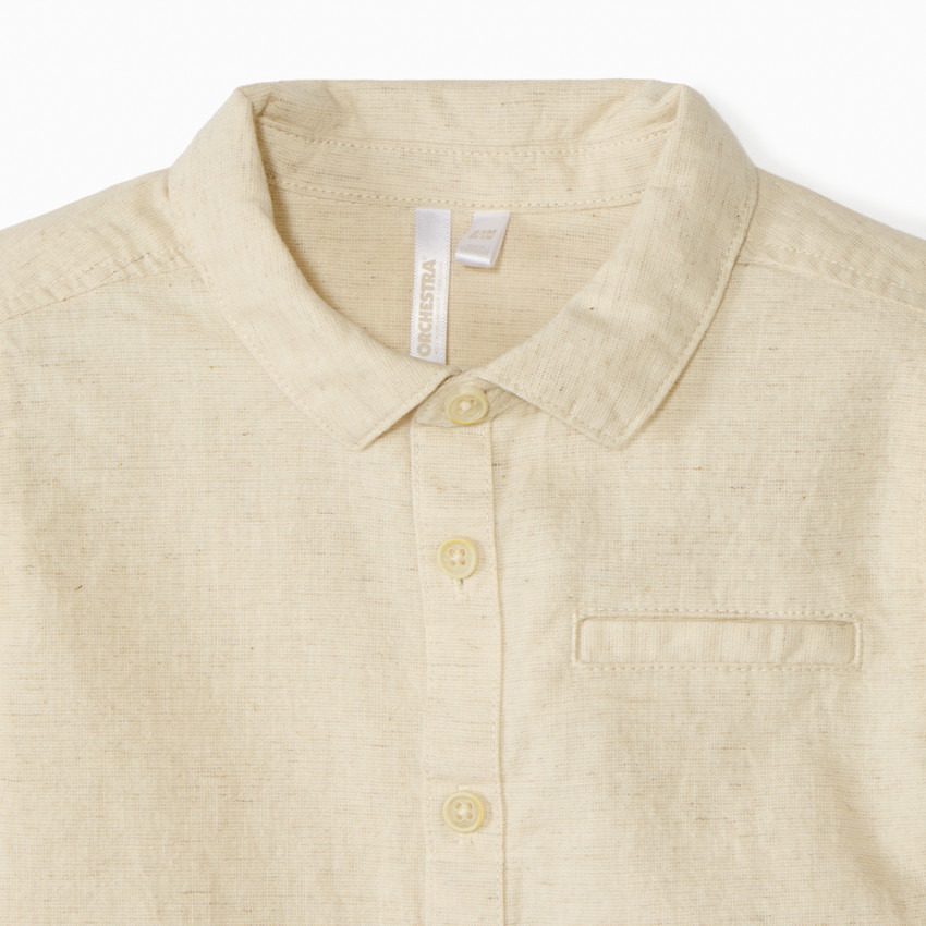 Korte mouwen overhemd + strik in canvas voor jongen. 