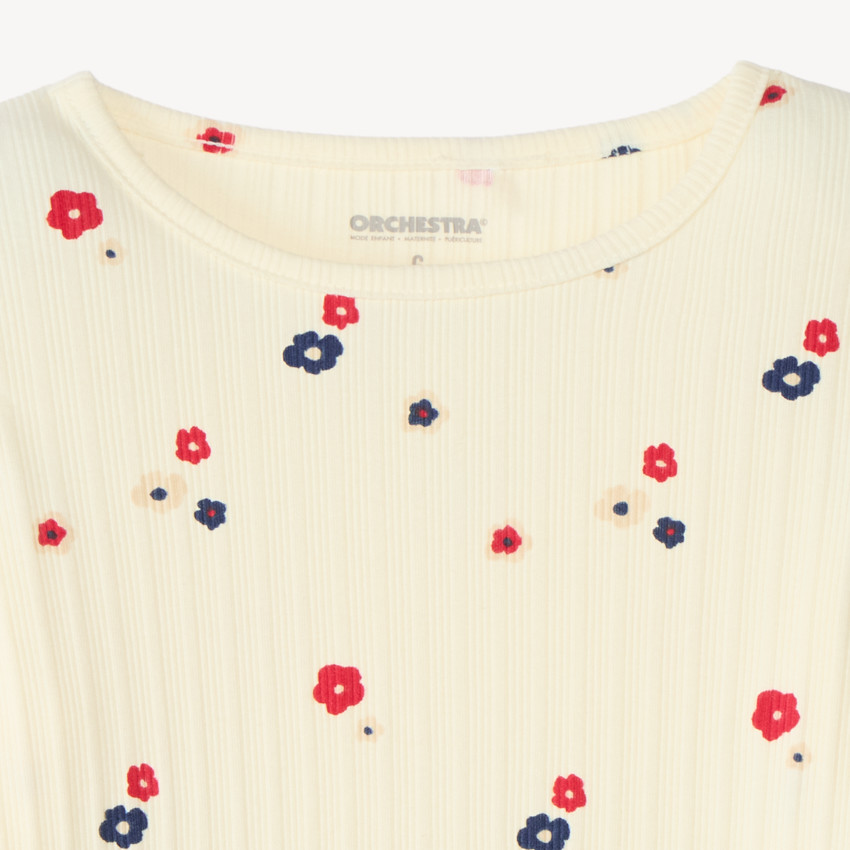 T-shirt manches longues fille en maille côtelée imprimé fleurs 
