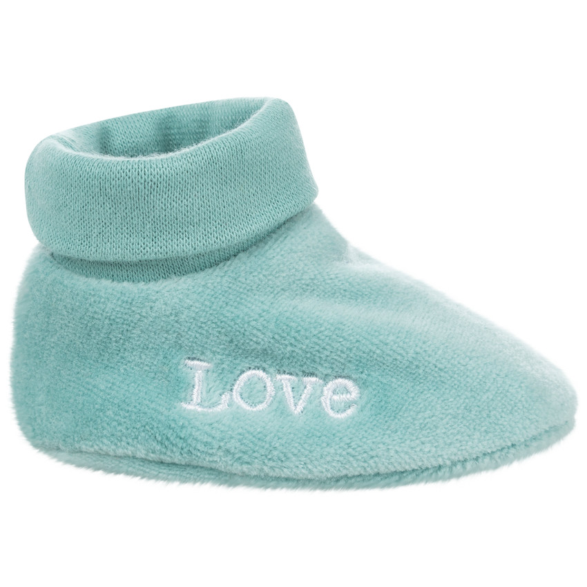 Chaussons en velours bleu à inscription brodée 