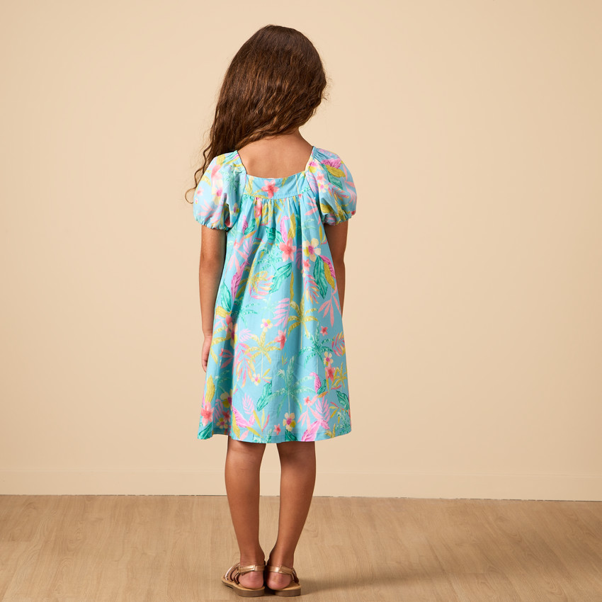 Robe manches courtes ballons imprimé exotique pour fille 