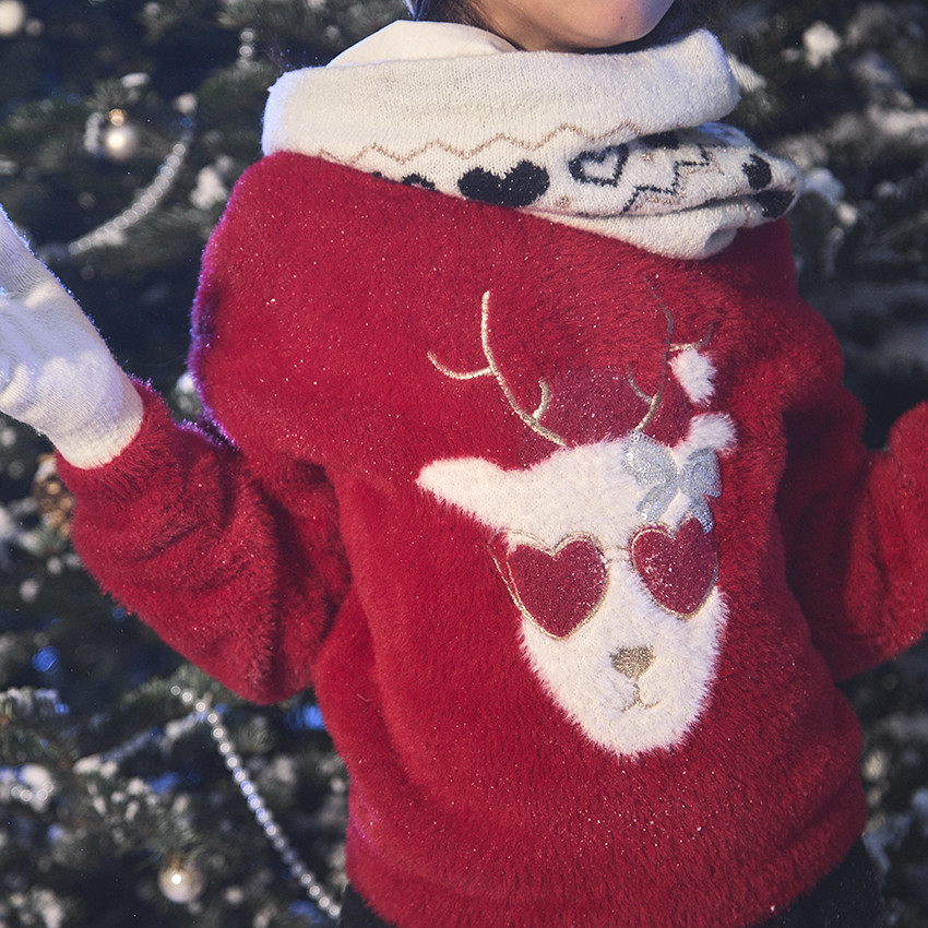 Pull en tricot pelucheux renne de Noël pour fille 