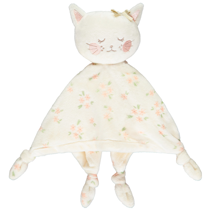 Doudou plat fantaisie chat avec nouettes pour bébé fille 