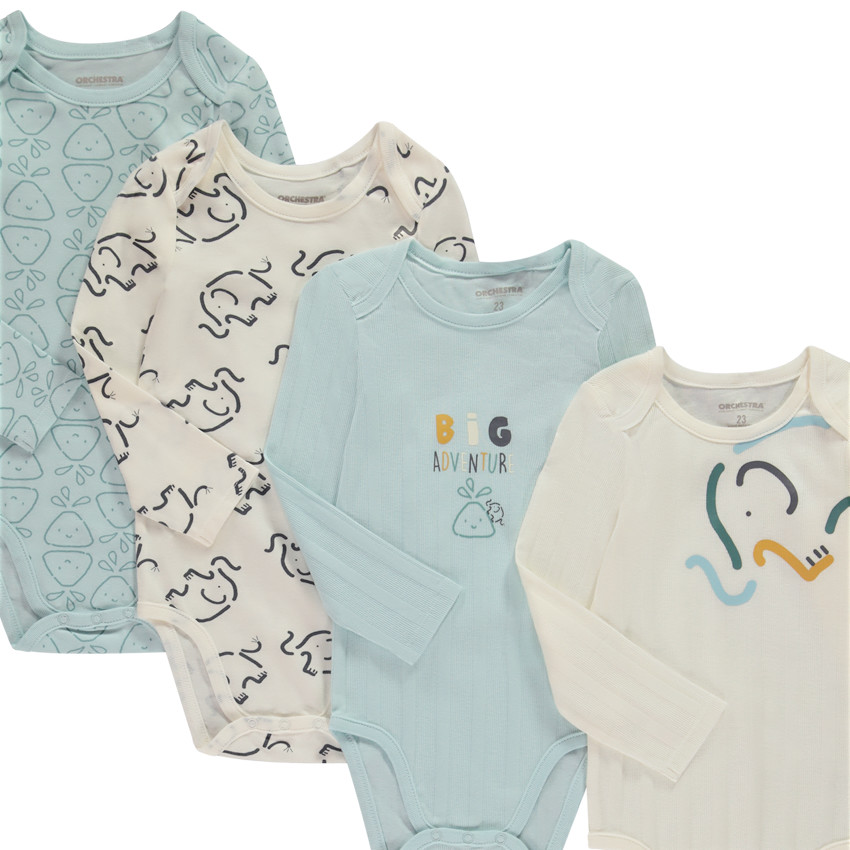 Lot de 7 bodies manches longues Éléphants pour bébé garçon avec ouvertures différentes selon l'âge 