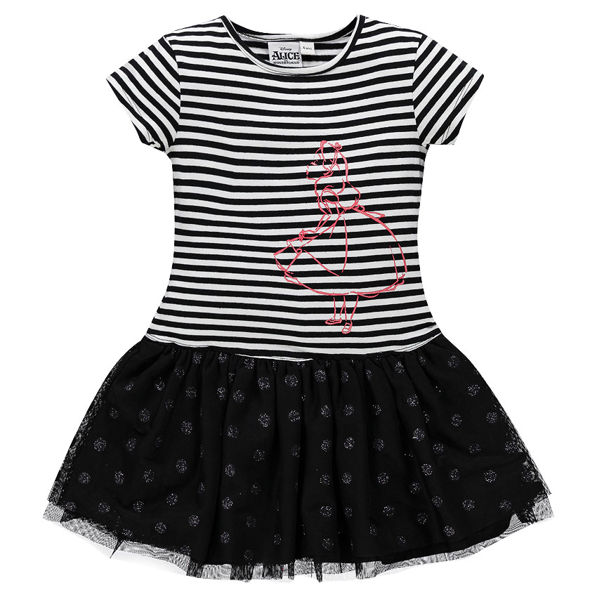 Robe manches courtes rayée avec volants en tulle et print Disney Alice au Pays des Merveilles 