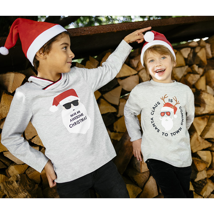 T-shirt manches longues print père Noël à col fantaisie 