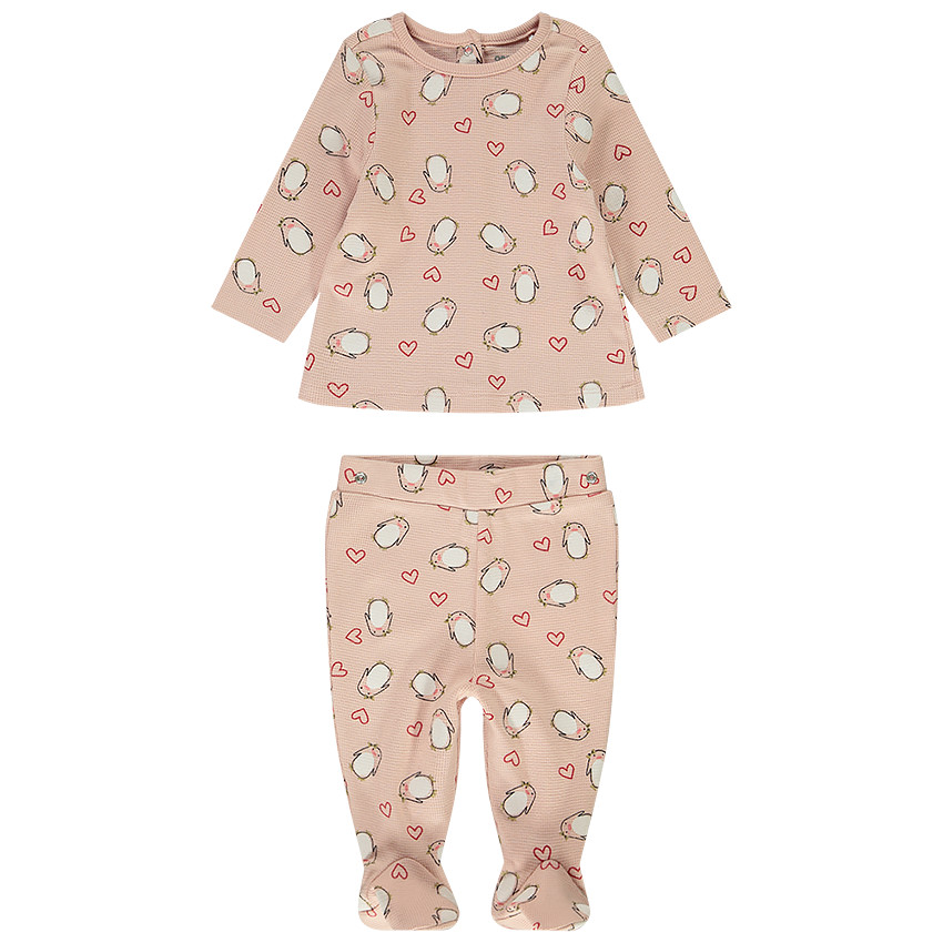 Pyjama 2 pièces imprimé pingouins et coeurs pour bébé fille 