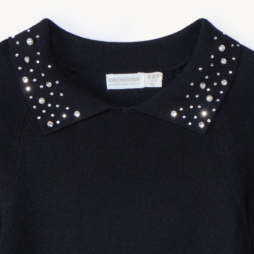 Robe unie en tricot et col claudine à strass pour fille  
