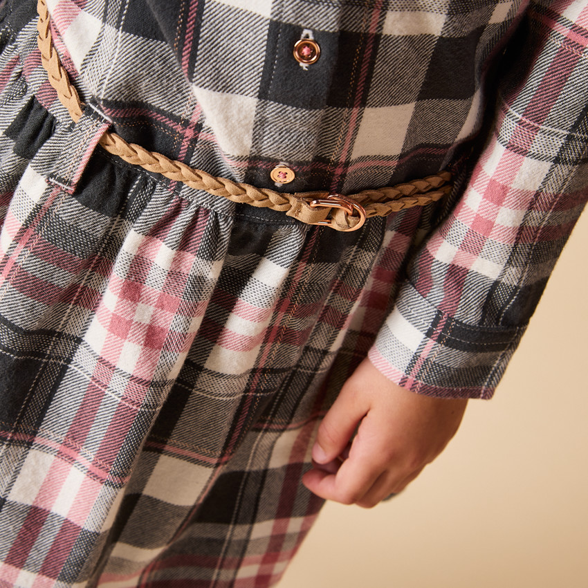 Robe chemise manches longues ceinturée à carreaux pour fille 