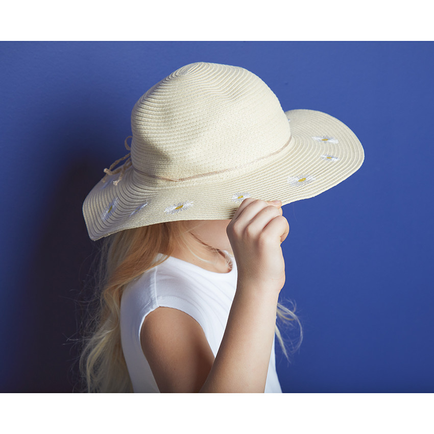 Capeline effet paille tressée avec fleurs brodées pour fille 