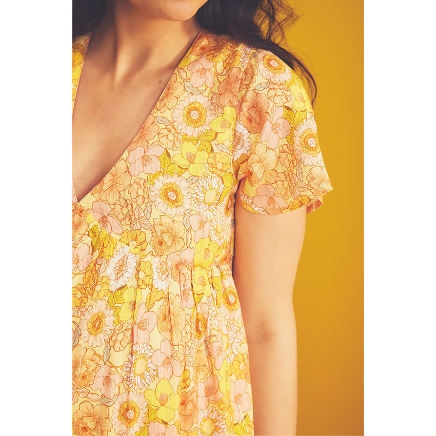 Robe manches courtes volantée imprimé rétro pour femme 