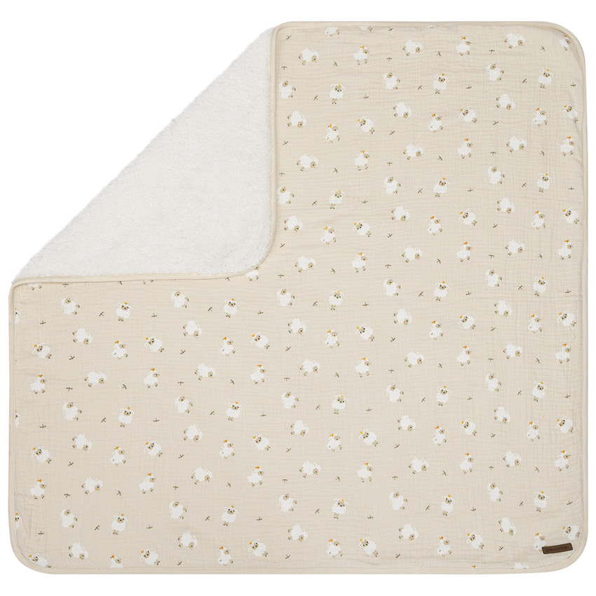Couverture bi-matière 80 x 80 cm imprimé moutons La Vie à la Ferme beige 