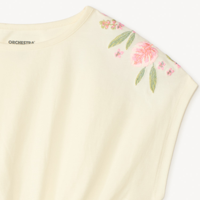 T-shirt manches courtes oversize crop top avec fleurs brodées pour fille 