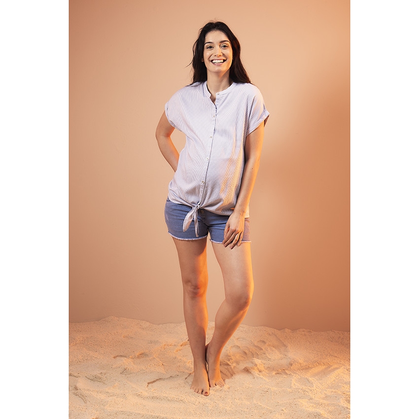 Chemise de grossesse manches courtes à rayures en voile 