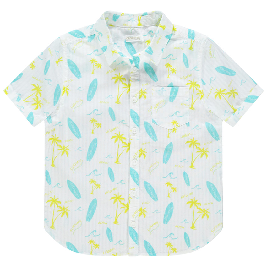 Chemise manches courtes à palmiers et planches imprimés all-over 
