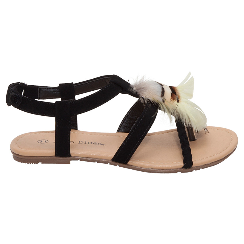 Nu-pieds effet daim avec plumes et bride tressée 