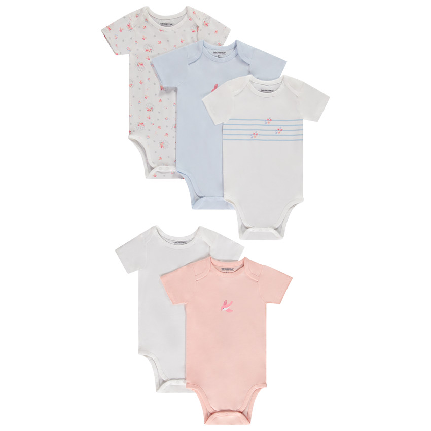 Lot de 5 bodies manches courtes fantaisie pour bébé fille avec ouvertures différentes selon l'âge 