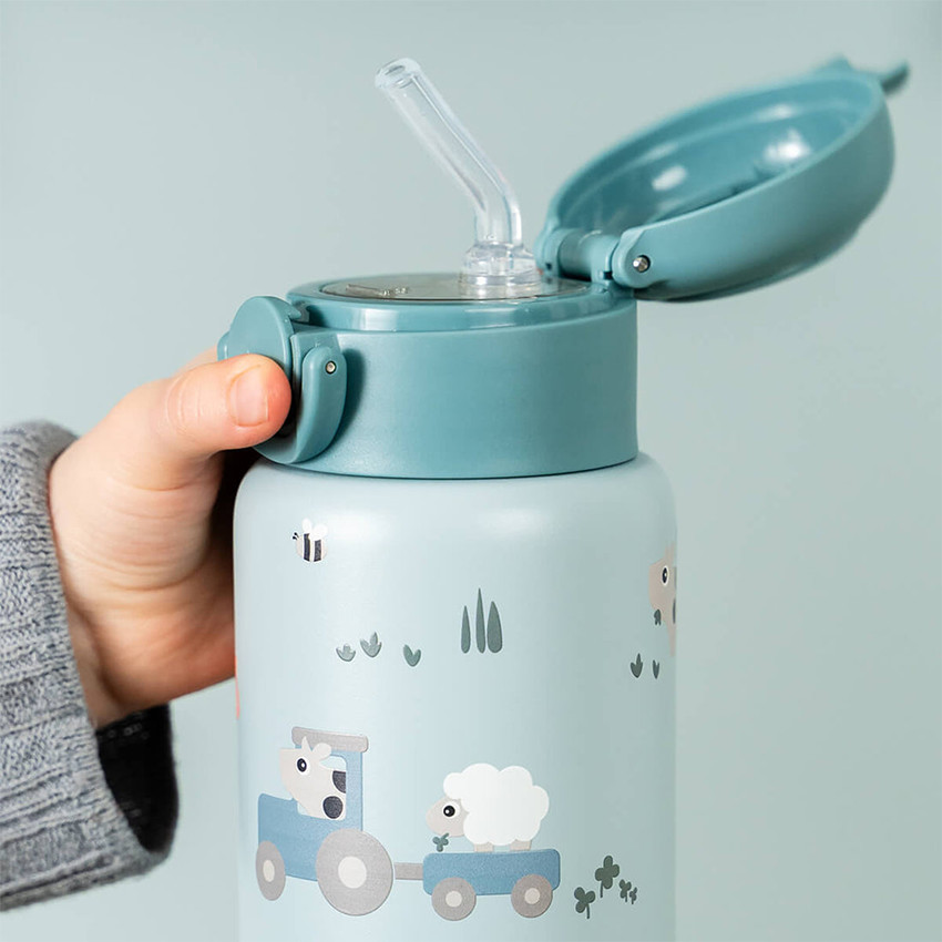 Drinkfles isothermish met rietje 340ml Tiny Farm Blauw 