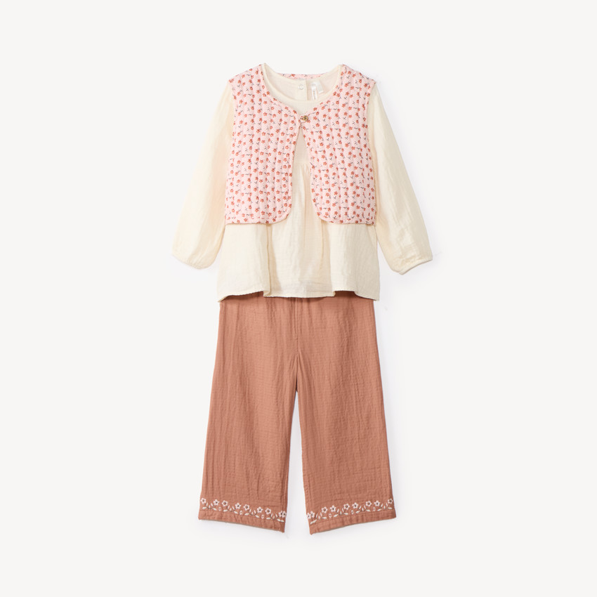 Ensemble 3 pièces bébé fille tunique + pantalon + gilet sans manches fleuris 