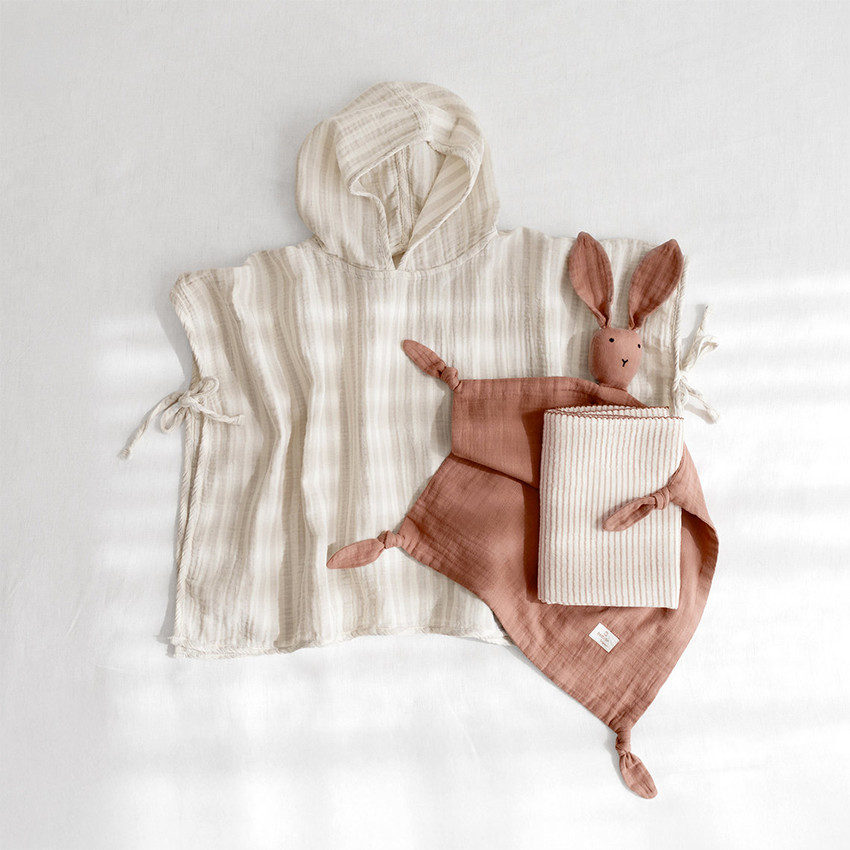Poncho de bain Gaze de coton Stripe 9/36m Sesame 
