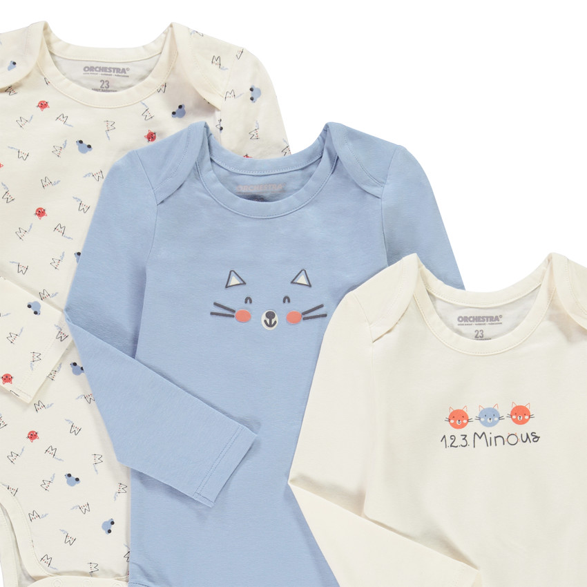 Lot de 5 bodies en jersey manches longues print petit matou pour bébé garçon 