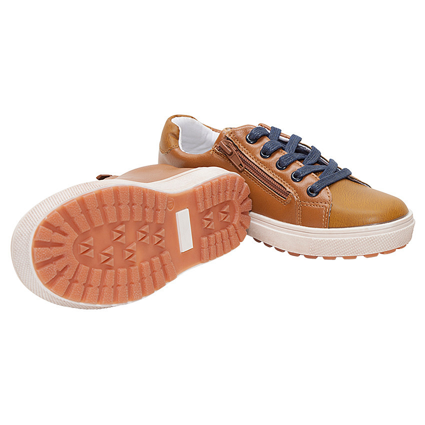 Lage sneakers van camel imitatieleder met veters en rits 