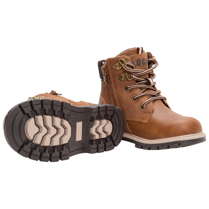 Bottillons effet cuir cognac à lacets et zip 