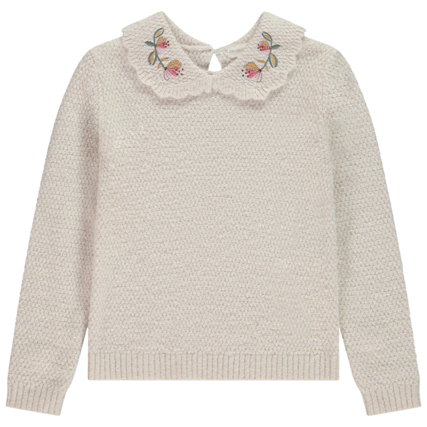 Pull chenille en tricot avec col claudine fantaisie brodée pour fille 