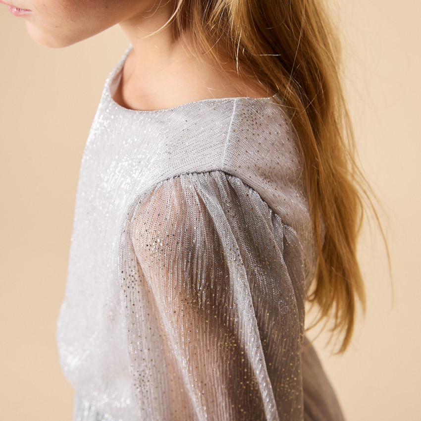 Robe de fête argentée à manches longues bouffantes pour fille 