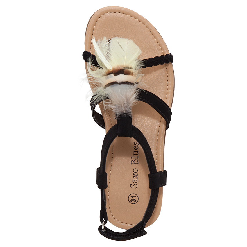 Nu-pieds effet daim avec plumes et bride tressée 